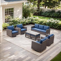 Rilyson Wicker Outdoor Patio Furniture Set - 8 Piece Patio Conversation Set with 4 Swivel Rocker Chairs,2 Rattan Ottoman,1 Couch and 1 Metal Coffee Table for Outside Porch Deck Backyard(Brown/Blue)