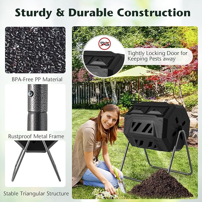Goplus Compost Bin, Outdoor 42-Gal Dual Chamber Composting Tumbler w/2 Sliding Doors, Heavy-Duty Metal Frame, 360° Rotatable Tumbling Composter, BPA-Free Compost Tumbler for Kitchen Garden Yard Waste
