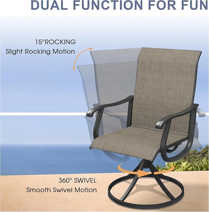VICLLAX 7 Pieces Outdoor Dining Set, Patio Furniture Set of 6 Patio Swivel Dining Chairs and 50" Patio Spliced Round Tabletop, Mixed Brown Chairs & Walnut Tabletop
