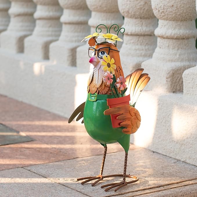 Natelf Metal Chicken Statue for Outdoor Home Decor Cute Rooster Hen Garden Sculpture with Vintage Glasses, Weather-Resistant Farmhouse Art for Yard, Patio, Coop, or Housewarming Gift for Mom, Friends