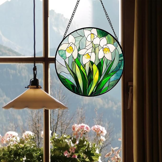 Stained Glass Window Hanging - White Snow Lotus Birth Flower Suncatcher for Doors Garden Patio Sun Catchers Decor Christmas Mother's Day Birthday Gifts for Women Men Mom Nana Friend 7.8 in