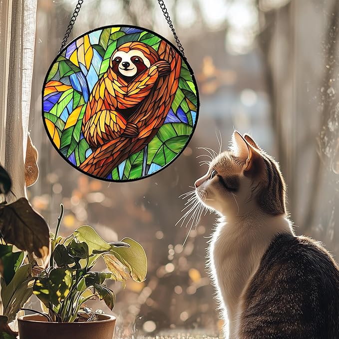 Stained Glass Window Hanging - Funny Sloth Suncatcher for Doors Garden Patio Cute Sun Catchers Decor Christmas Mother's Day Birthday Teenager Gifts for Women Men Mom Nana Friend 11.8 in