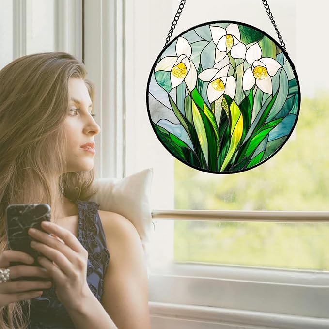 Stained Glass Window Hanging - White Snow Lotus Birth Flower Suncatcher for Doors Garden Patio Sun Catchers Decor Christmas Mother's Day Birthday Gifts for Women Men Mom Nana Friend 11.8 in