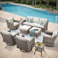 Patio Furniture Set, 9 Pieces Outdoor Wicker Rattan Sofa Couch with Swivel Rocking Chair, Side Table, Ottomans and Comfy Cushions, All Weather Patio Conversation Sets, Suit for Porch Deck