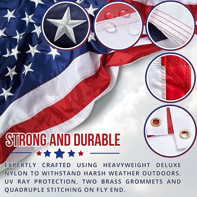 American Flag - Heavy-Duty US Flag - Embroidered Stars - Nylon USA Flag Built for Outdoors - Sewn Stripes - UV Protection - Brass Grommets (5x8 ft)