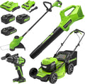 Greenworks 48V (2x24V) Lawn Mower Combo Kit with 21" Steel Deck, 12" String Trimmer, 320 CFM Blower, and Brushless 1/2" Drill Driver Ideal for Yard & Indoor