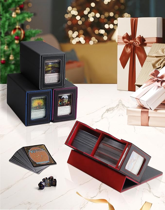 MRAUF MTG Deck Box with Double Commander Display and Dice Tray, Fits 200+ Double Sleeved Cards, Card Storage Box Plus 2 Magnetic Holders& 100Pcs Card Sleeves (Black& Red)