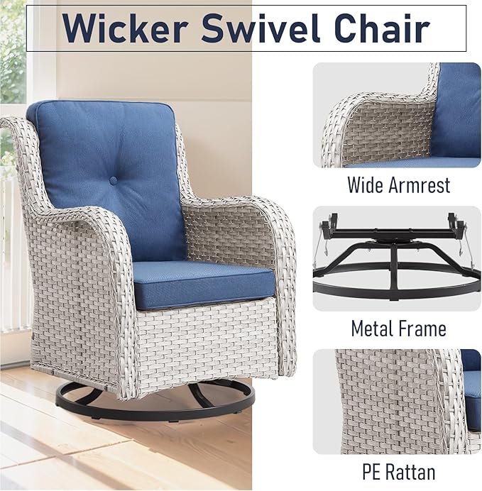 Luxury Wicker Swivel Patio Chairs Set of 3, Outdoor Swivel Rocking Chairs with Side Table, Outdoor Bistro Set for Patio, Porch, Yard, Deck, Poolside, Light Beige/Blue