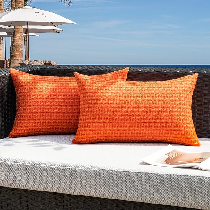 Kevin Textile Fall Outdoor Waterproof Throw Pillow Covers Pack of 2 Farmhouse Decorative Cushion Covers for Garden Patio Tent Balcony Bench Couch Sofa 12x20 Inch, Orange