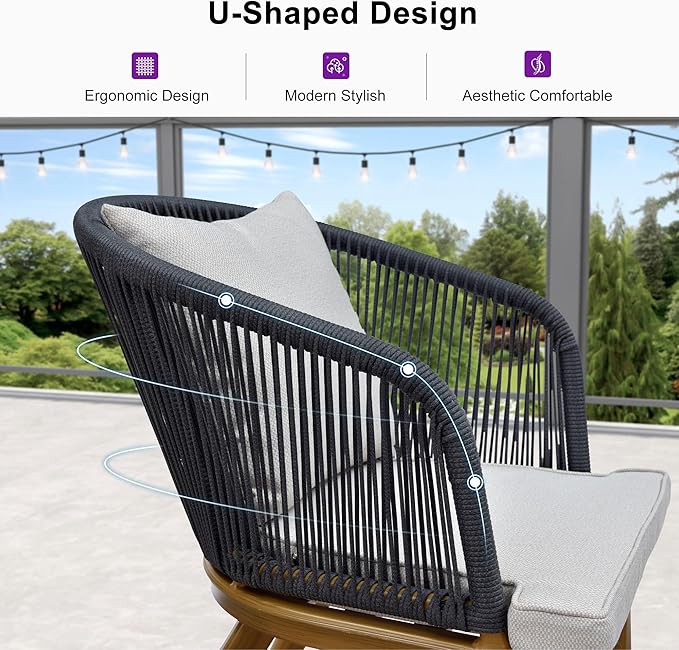 PURPLE LEAF 5 Pieces Patio Dining Set Wicker Outdoor Furniture Rectangular Table and Chairs Set for Garden Deck Teak-Finish Aluminum Frame Backyard Kitchen Set, Cushions and Pillows Included