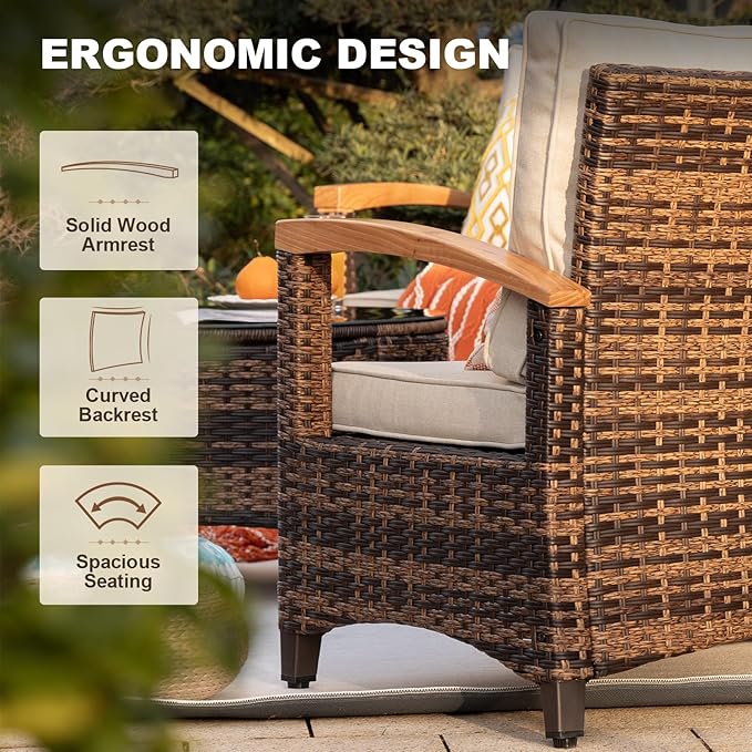 MEISSALIVVE 8 Piece Outdoor Patio Furniture Set, Half-Moon Curved Sectional Set with Wood Armrests, Patio Conversation Set, 2 Half-Moon Ottomans，Coffee & Side Tables (Brown)