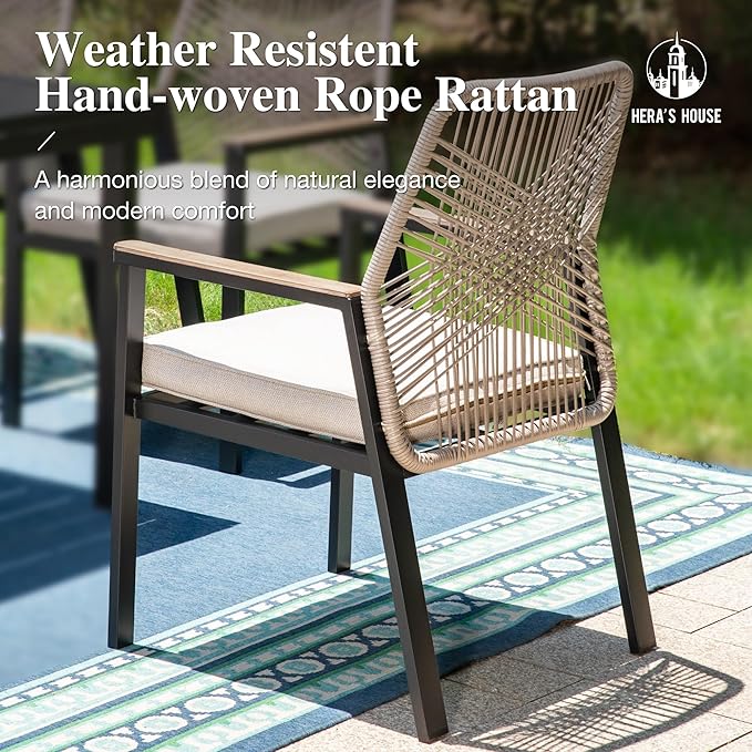 HERA'S HOUSE 7 Pieces Patio Table and Chairs Set, Outdoor Dining Set for 7, 6 x Cushioned Woven Rattan Patio Chairs and 1 x 61”/84” Black Extendable Metal Table, Outdoor Rattan Dining Set for Lawn
