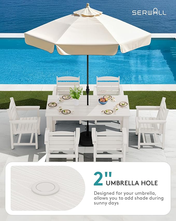 SERWALL Patio Dining Set for 4, Outdoor Dining Sets for 4 Person with 1 Umbrella Hole Cut-Out Rectangular Table and 4 Chairs, HDPE Dining Sets for Garden, Backyard, Poolside, White