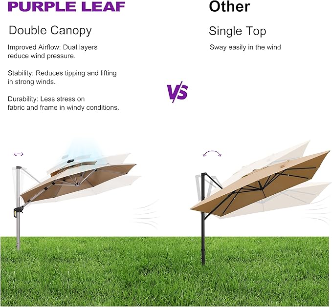 PURPLE LEAF 10ft Solar powered LED Patio Umbrella Outdoor Round Umbrellas Large Cantilever Umbrella with LED lights Windproof Offset Umbrellas Heavy Duty for Garden Deck Pool Patio, Beige