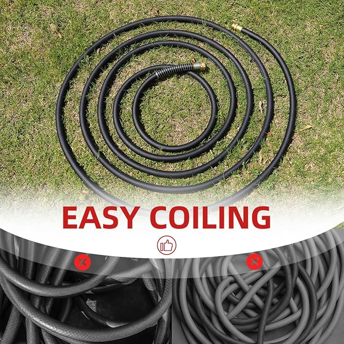 WiseFlow Garden Hose 25FT x 3/4", Heavy Duty Rubber Hose, Water Hose with Five Layered Braiding, Male Female Fittings, 1000PSI Burst, 300PSI Working (Black)