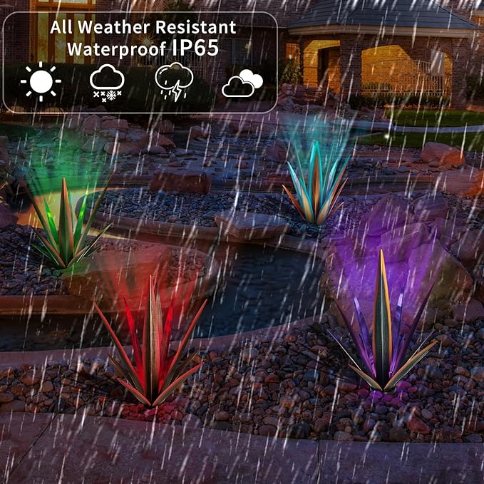 Large Tequila Rustic Sculpture, Rustic Metal Agave Plants for Outdoor Patio Yard, Home Decor Hand Painted Metal Agave Garden Yard Statue, Outdoor Lawn Ornaments (Red - L (W/Solar Light))
