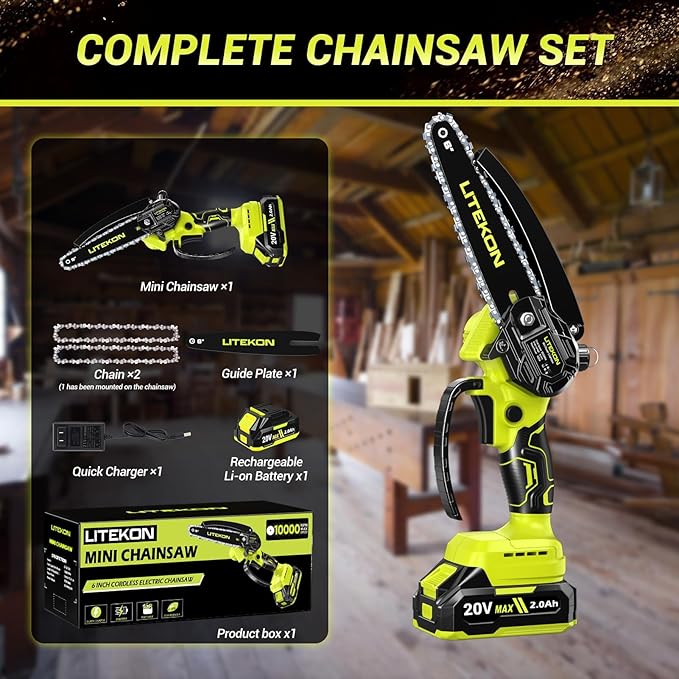 Mini Chainsaw Cordless with 2000mAh Battery & Quick Charger & 2 Chains - 2025 Best 6Inch Electric Chain Saw with Auto-Oil System, Brushles High Power Motor - Perfect for Gifts