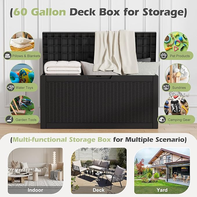 60 Gallon Outdoor Storage Box, Waterproof Resin Deck Box with Lockable Lid – Storage Cabinet for Patio Furniture, Pool Supplies, Garden Tools（Rattan,Black）
