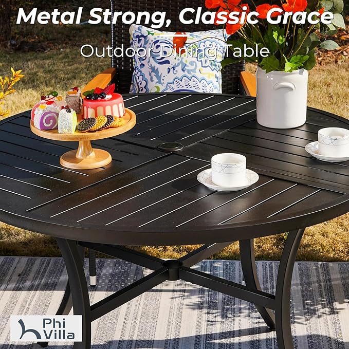 PHI VILLA Outdoor Modern Round Dining Table Set for 4 with Swivel Chairs, Patio Furniture Set of 5, Metal Circle Table with Umbrella Hole & Wrought Iron Chairs with Cushion Backyard