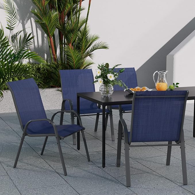 Patio Dining Chairs Set of 2, Stackable Dining Chairs High Back, Breathable Seat Fabric and Alloy Steel Frame Fit Backyard, Porch, Lawn，Poolside (Blue)