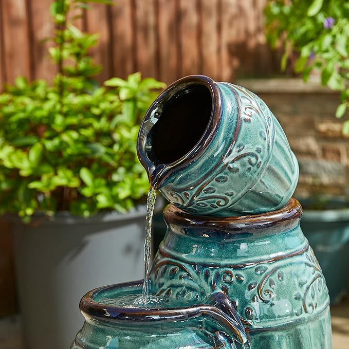 Glitzhome 27.25" H Outdoor Garden Water Fountain with LED Lights and Pump, 4 Tier Turquoise Embossed Pattern Ceramic Pots Cascading Floor Standing Fountain for Porch Deck Patio Backyard Decoration