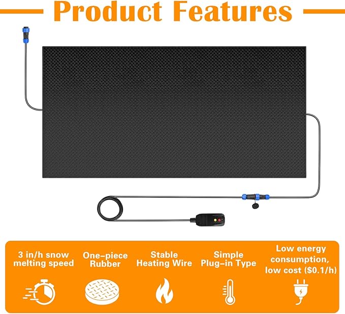 Snow Melting Mats Outdoor for Walkways Decks and Sidewalks, 20 x 30 in No-Slip Heated Outdoor Mats with 10 ft Power Cord, 3 in/h Speed Snow and Ice Melting Pads for Winter Backyards Snow Removal