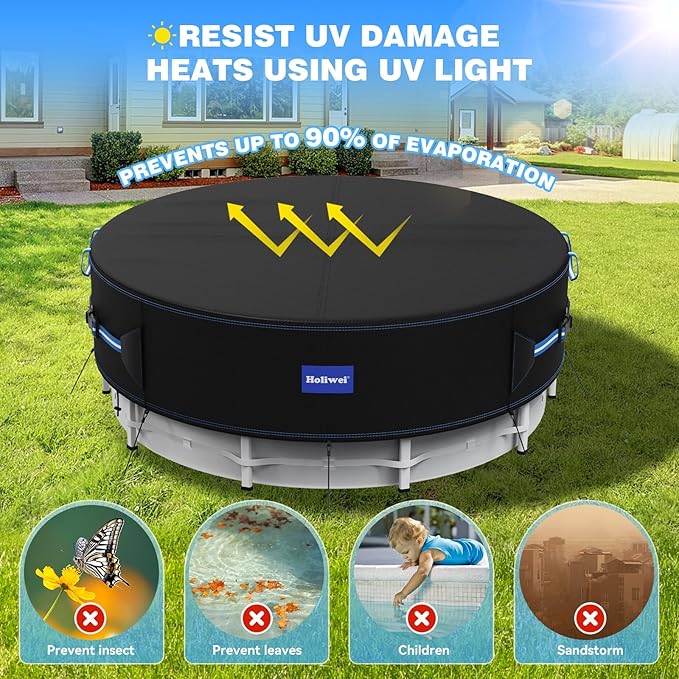 10 Ft Round Pool Cover with Reflective Strips, 420D Swimming Pool Cover for Above Ground Pools, Solar Cover with Drawstring and Ground Nails for Dustproof, UV Protected