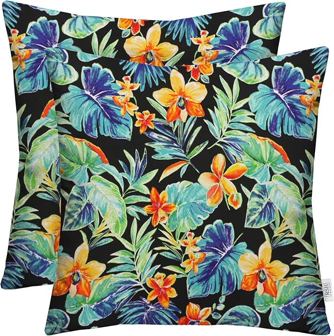 RSH DECOR: Square Throw Pillows Set of 2 | 17” x 17” | All-Weather Spun Fabric | Water and Fade-Resistant | Outdoor Accent Pillows for Patio Furniture | Beachcrest Caviar