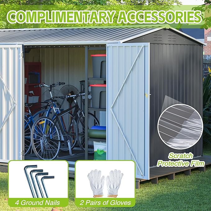 8×12 Ft Metal Outdoor Storage Shed with Floor Base and Window, 0.25mm Galvanized Steel Metal Garden Shed Waterproof with Lockable Door for Backyard, Patio, Garden, Dark Grey