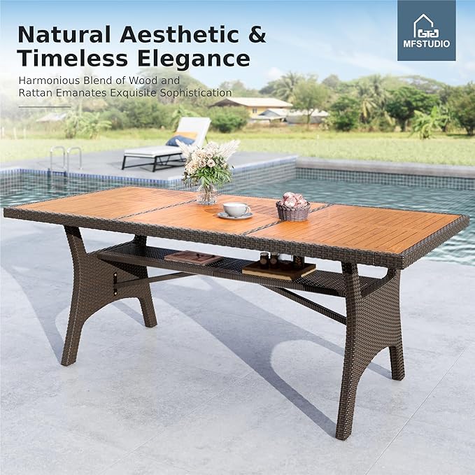 MFSTUDIO Outdoor Dining Sets for 8, 9 Pieces Patio Dining Furniture, 74’’ Rectangular Outdoor Table and Chairs, Acacia Wood Top & Rattan and Metal Frame, Modern Patio Furniture