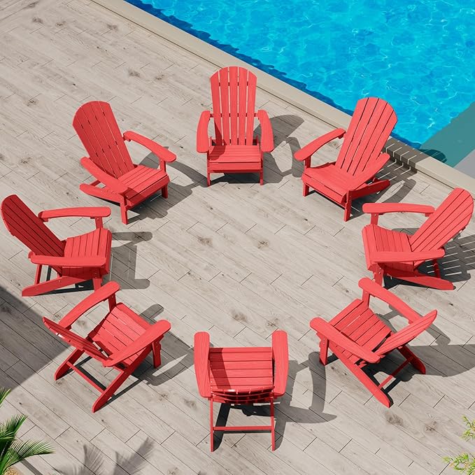 YEFU Adirondack Chairs Set of 8: Plastic Adirondack Chairs - Patio Chairs with Wood Texture - Outdoor Chair HIPS - Lawn Fire Pit Deck Porch Garden Chairs for Adults (Red)