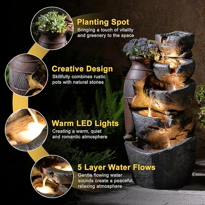 5-Tiers Cascading Rock Jar Water Fountain Outdoor, 31.7" H Outside Fountains and Waterfalls with 4 LED Lights for Patio, Deck, Porch, Backyard and Home Art Docor