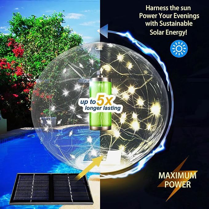 Solar Powered Floating Pool Lights - 14" Inflatable Waterproof Floating Light UP Pool Glow Balls, 3000K Warm-White Led Pool Lights That Float for Party Decorations, Outdoor Patio Detor (8)