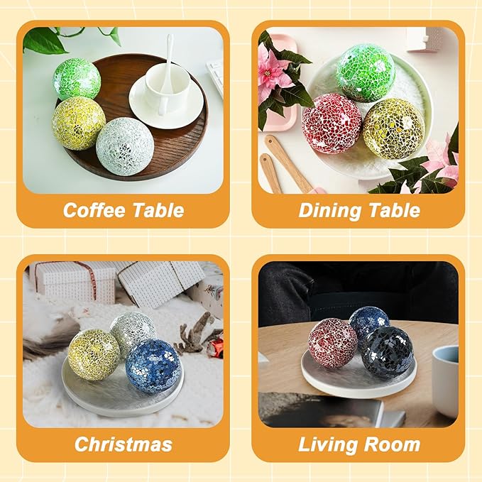Mosaic Glass Balls 3.35 Inch Decorative Orbs Ball Decor Crack Solid Sphere Mirror for centerpieces Table Bowl Home Christmas Ornaments Silver Set of 3