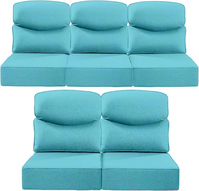 Luxury 22x24/22x25 6-Inch Smile Outdoor Cushions for Patio 5 Piece Set - Set of 5 Zippered Outside Pillows for Wicker Dining Rocking Glider Loveseat Couch Sectional Sofa - Turquoise