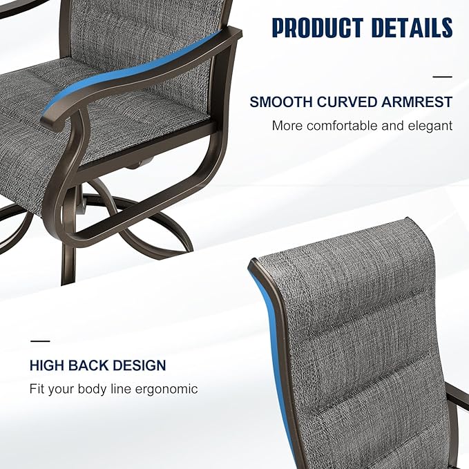 UDPATIO Patio Swivel Chairs Set of 4, Outdoor Dining Chairs High Back with Padded All Weather Breathable Textilene, Metal Rocking Frame for Backyard Lawn Garden, Dark Grey