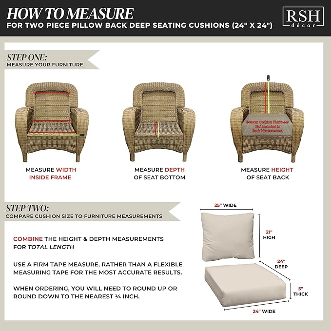 RSH DECOR: Deep Seating Chair Cushion with Pillow Back | 24” x 24” Seat | All-Weather Spun Fabric | Outdoor Cushion Set for Patio Furniture | Navy Blue