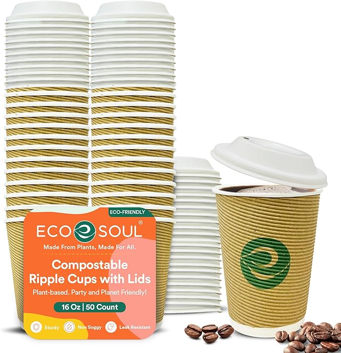 ECO SOUL 16oz Compostable Ripple Cups (50 Pack) – Biodegradable Paper Cups, Non-Toxic Disposable Cups for Hot Drinks, To-Go Coffee Cups, Eco-Friendly & Ripple Paper Cups
