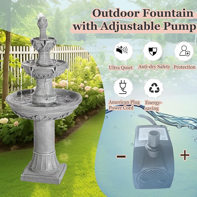 MAGIC UNION Outdoor Garden Water Fountains, 48.4''H Italian Style Fountain and Waterfall Outside, 3-Tier Large Bubbler Cascading Indoor Floor Fountain Features with Pump for Home Yard Decor (Gray)