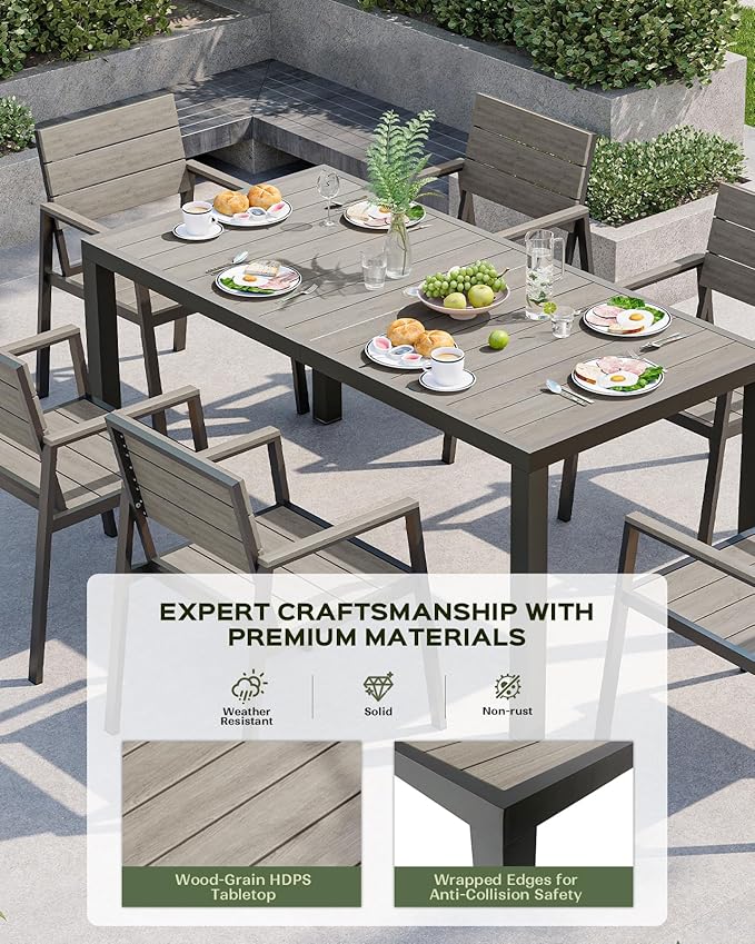 Outdoor Dining Set, Patio Table and Chairs of 4, Aluminum Outdoor Furniture Set with Umbrella Hole, HDPS Patio Dining Table Set for 4 (Gray)