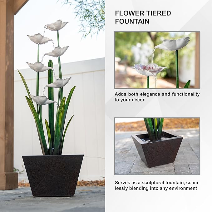 XBrand Metal Sculptural Multi-Tiered Flower Water Fountain, Multicolored, 39" Tall, w/LED Lights