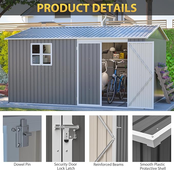 12x10 FT Shed Outdoor Storage Metal Large Garden Tool Sheds with Window Lockable Doors Sloping Roof Floor Frame Waterproof Steel Utility Equipment Shed for Backyard Patio Lawn Poolside, Grey