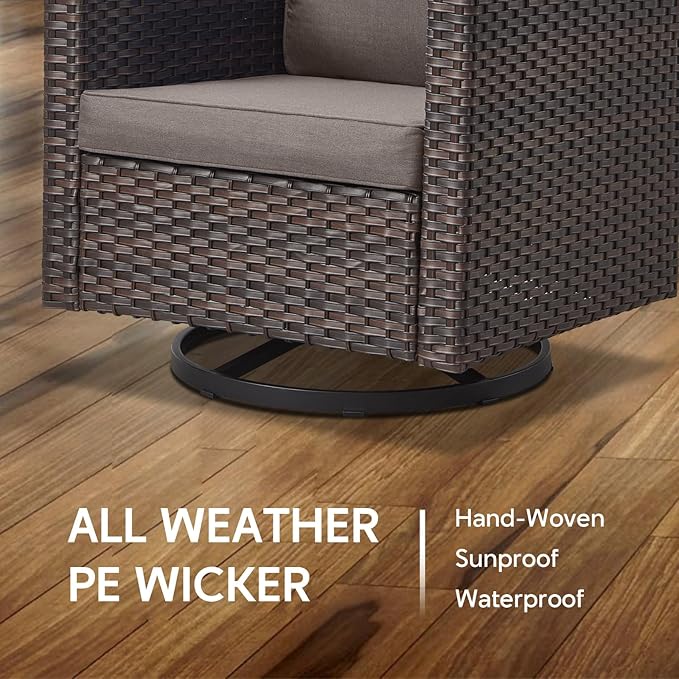 6 Piece Wicker Patio Furniture Set - Outdoor Swivel Rocker Chairs Set with Side Table, 3 Seat Sofa and Ottomans, Small Patio Conversation Sets Proch Furniture for Balcony Deck - Brown/Grey