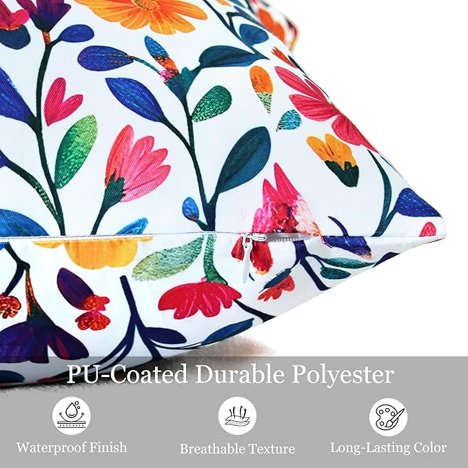 Outdoor Pillow Covers 12x20 Inch Set of 2 Floral Printed Boho Throw Pillows Cases Waterproof Lumbar Garden Cushion Sham for Spring Summer Patio Funiture Tent Balcony Bench Sofa Couch