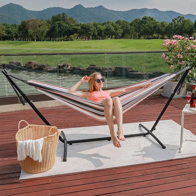 Hammock with Stand for Outside, Heavy Duty Space Saving Steel Stand with 450 lb Capacity, Double Hammock with Portable Carrying Bag, Hamacas Para Adultos for Outdoors, Patio, Garden, Yard