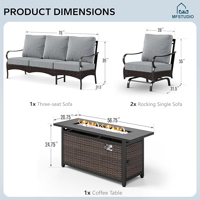 MFSTUDIO 4 Pieces Outdoor Patio Furniture Set, Metal Outdoor Conversation Set, Rattan Wicker Patio Sectional Set with 2 x Rocking Single Sofa, 3-Seat Sofa, 1 x Fire Pit Table, Grey