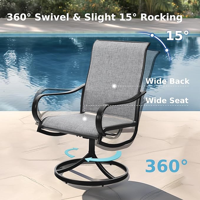 MFSTUDIO Outdoor Swivel Patio Dining Chairs Set of 6, High Back Breathable Textilene Patio Chairs for Balcony, Backyard, Deck, Garden (Light Grey Fabric, Black Frame)