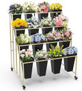 Flower Display Stand 4 Layers with 16 PCS Square Buckets, Plant Stand with Wheels, Movable Metal Plant Stand for Terrace Garden, Living Room, Florist Shop