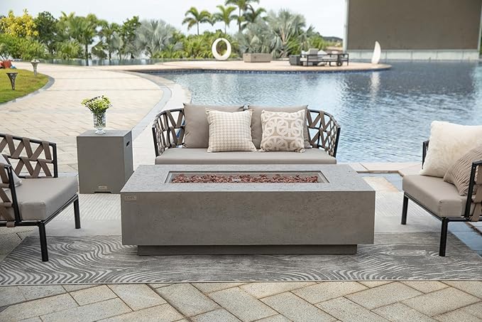 AMS Creations | Madison 60" Bundle Rectangular Propane Gas Outdoor Fire Pit Table | Light Gray Concrete GFRC | Limestone Texture or Surface | Electronic Ignition | Outside Backyard Fireplace