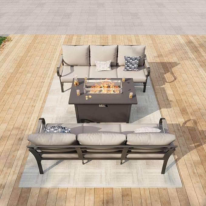 3 Pieces Outdoor Patio Conversation Sets with All Weather Cushions, Metal 2 Three-Seater Sofas, 1 Fire Pit Table for Backyard Deck Porch Poolside, Beige